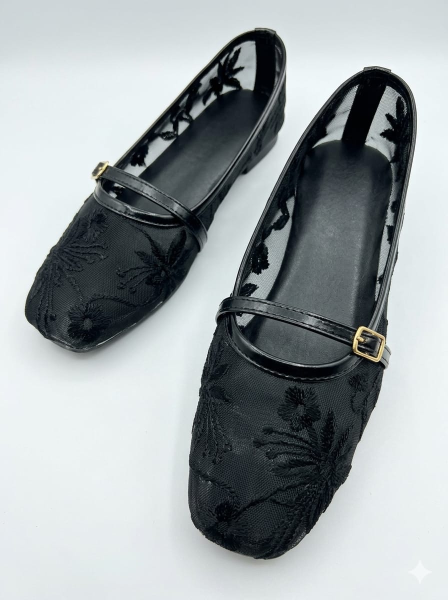 Women Embroidered black net transparent footwear