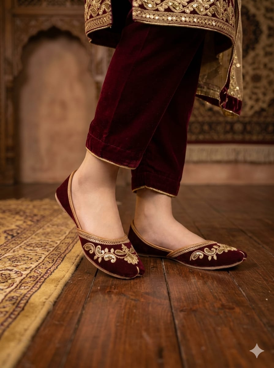 women shehnaai maroon khussa with embroidery