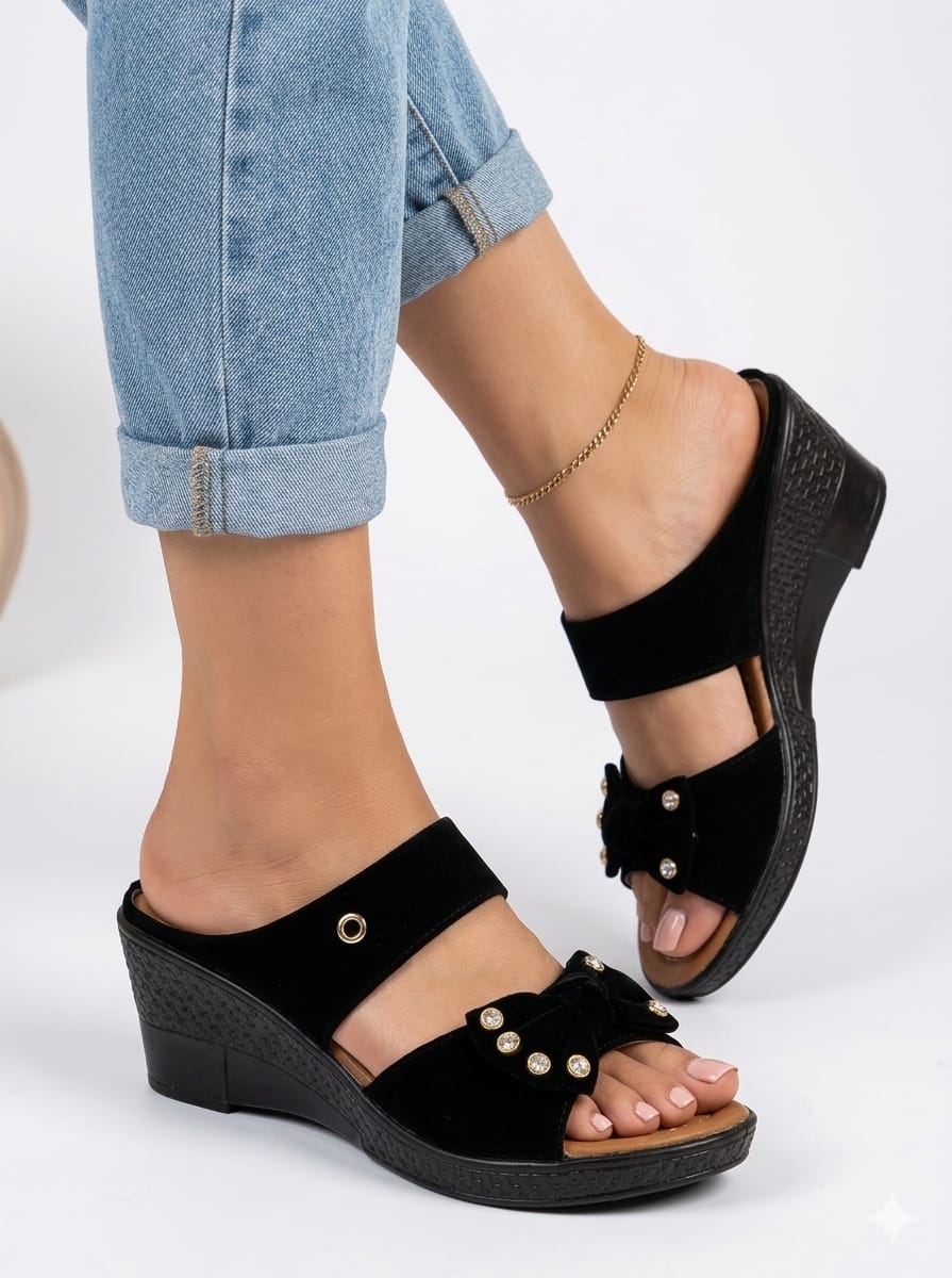 Women black velvet bow casual footwear
