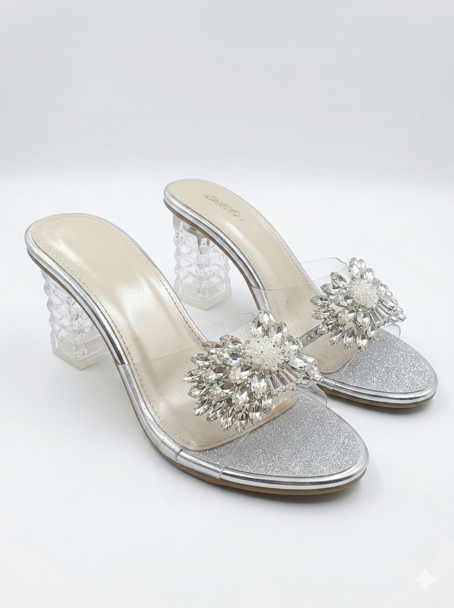 women crystal transparent mule heels