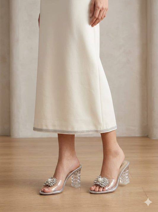 women crystal transparent mule heels