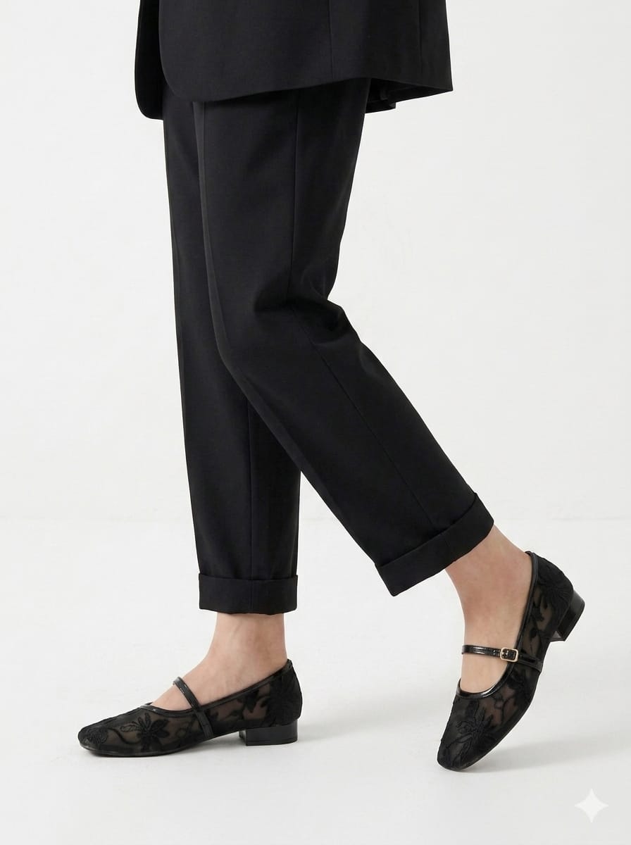 Women Embroidered black net  transparent footwear