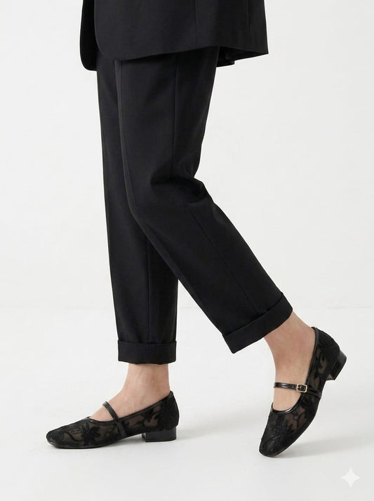 Women Embroidered black net  transparent footwear
