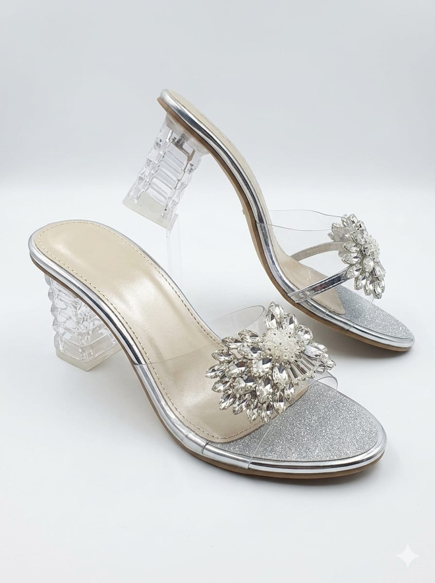 women crystal transparent mule heels