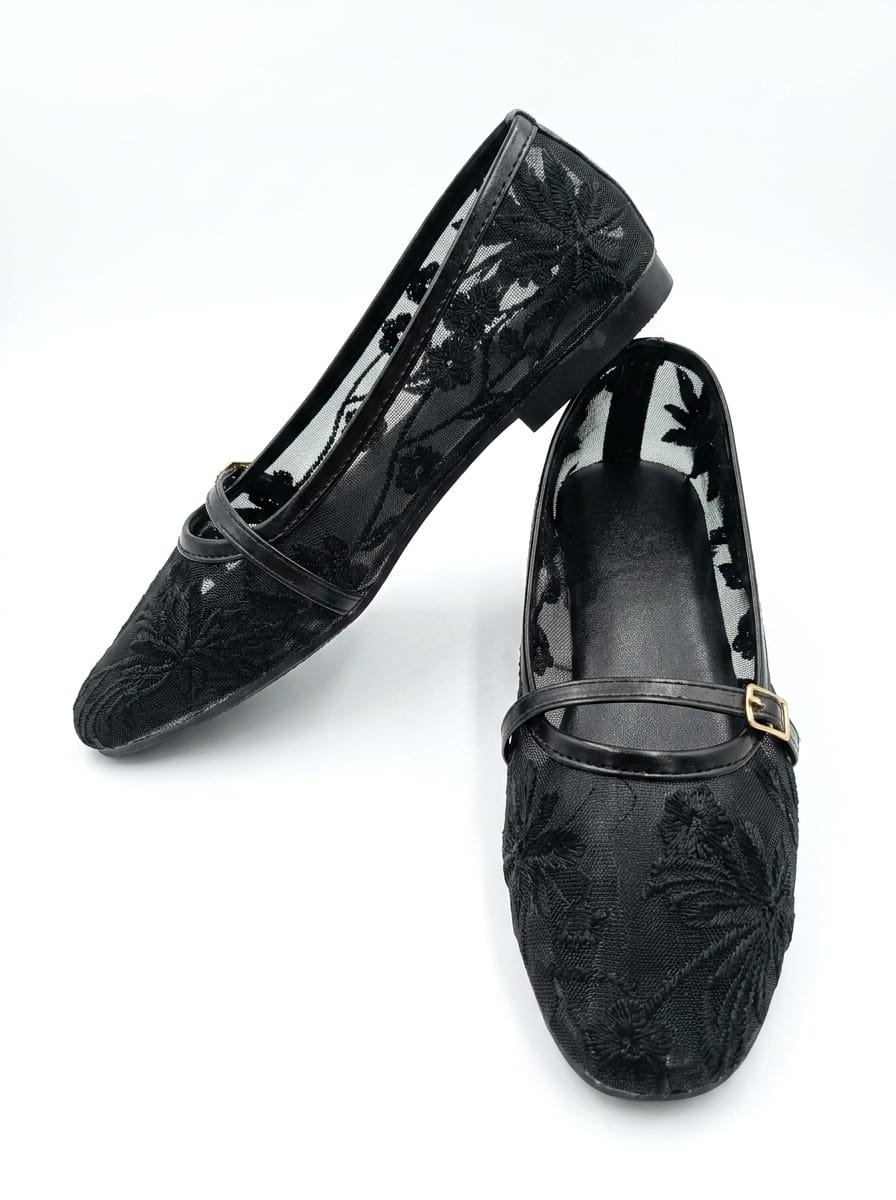 Women Embroidered black net  transparent footwear